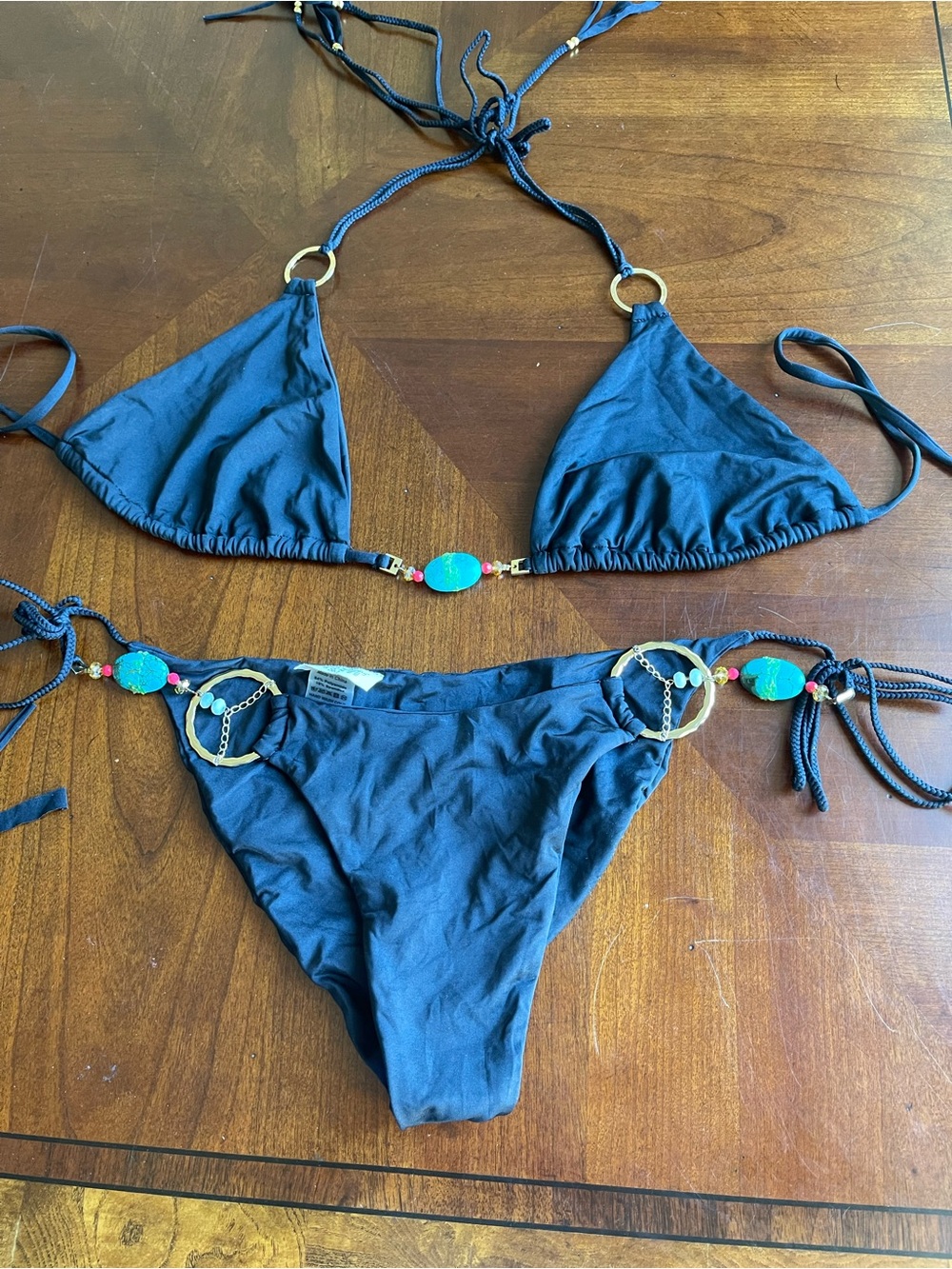 BEACH BUNNY bikini Black Triangle Bikini Set with Turquoise Accents size XL set - Picture 12 of 14